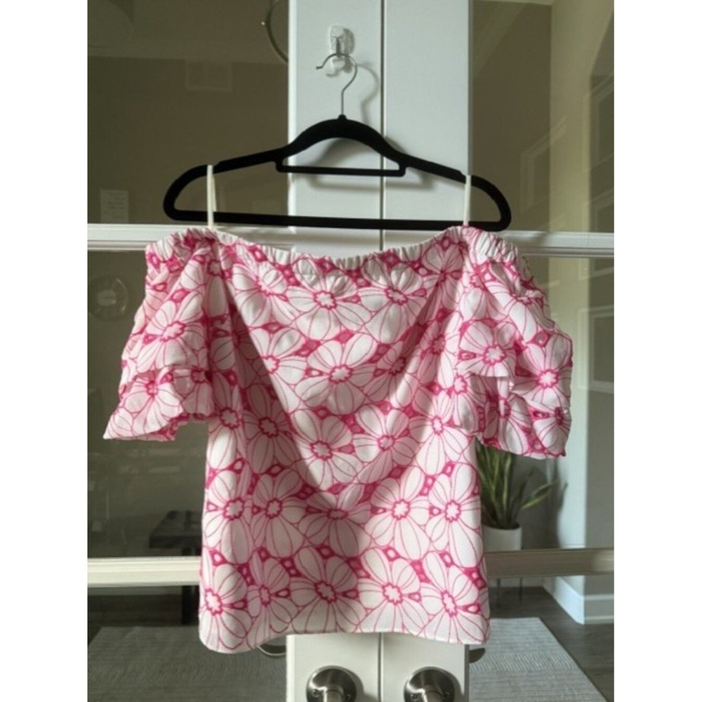 Lilly Pulitzer Pink White Floral Eyelet Off The Shoulder Ruffle Top Medium